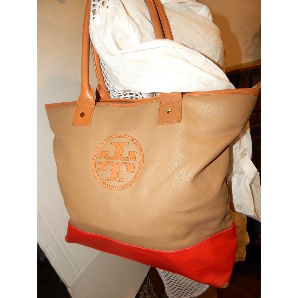 Tory Burch Tan Orange Coated Leather Tote Handbag - Picture 2 of 14
